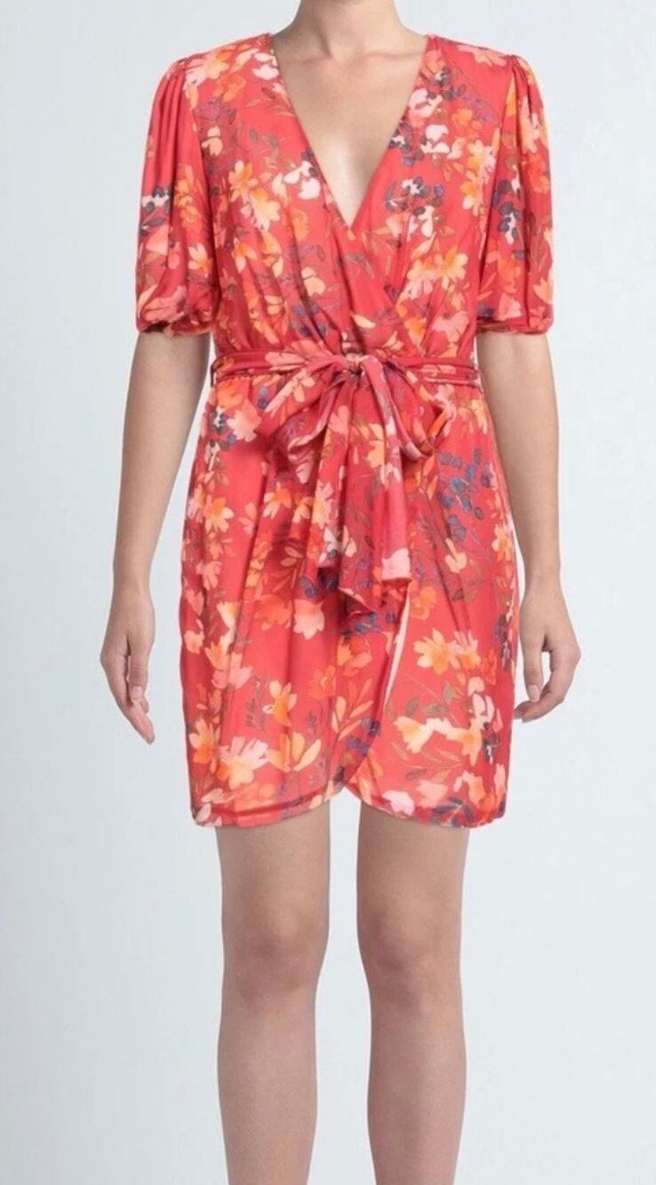 Patriza Pepe Sera Floral Faux Wrap Belted Mini Dress Women's 46 US 10 Red